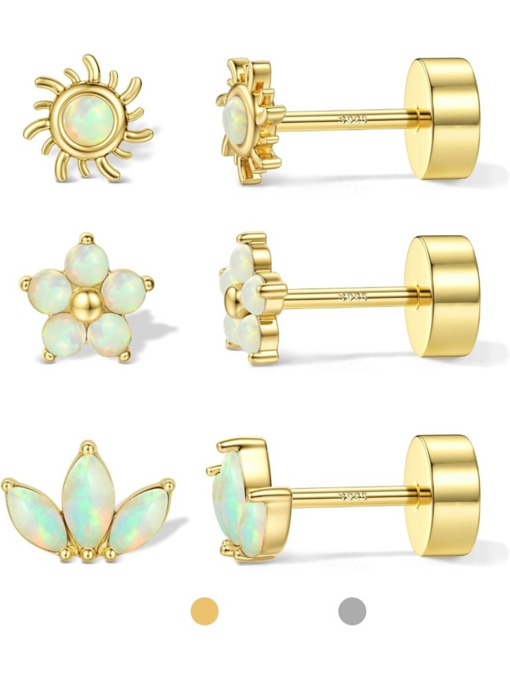 Sterling Silver 925 Flat Back Stud Earrings for Women - 3 Pairs, Hypoallergenic